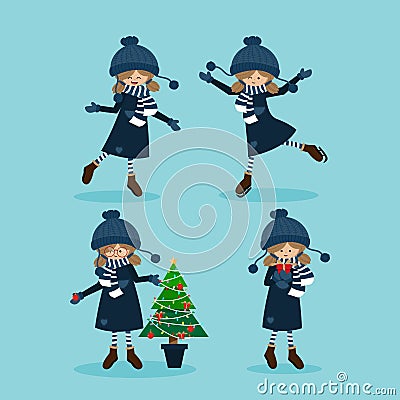 Cute girl in winter custom with Christmas elements collection. Vector Illustration