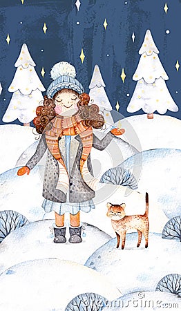 A cute girl in a wool coat,scarf,hat and her little friend-cute kitten. Cartoon Illustration