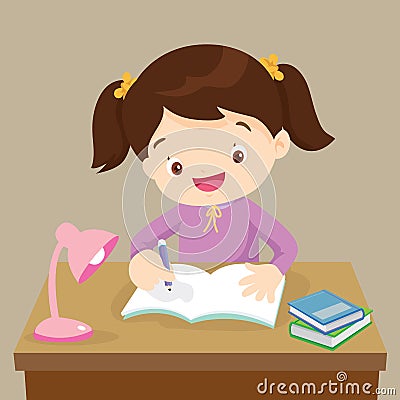 Cute girl working on homework Vector Illustration