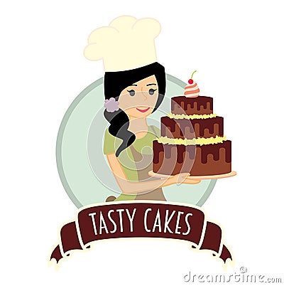 Cute girl or young woman baker holding a delicious chocolate cake. Vector character illustration. Vector Illustration