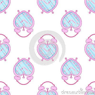 Cute girlish alarm clock. Pink glamour. Seamless pattern. Heart shape Vector Illustration