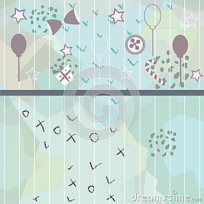 Cute Girlish Frame with balloons, bows, gift, button, stars and stripes Stock Photo