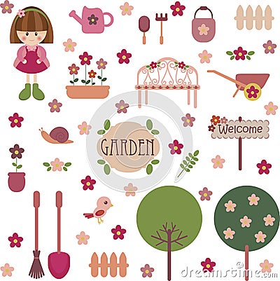 Cute girlish garden set Vector Illustration