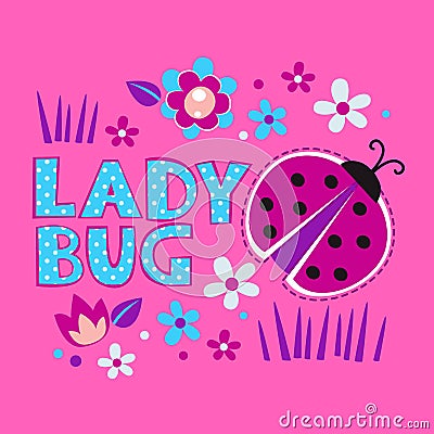 Cute girlish illustration with ladybug and flowers Cartoon Illustration