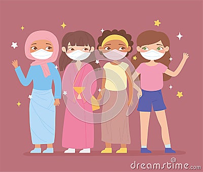 cute girls different ethnic and culture wearing face mask Vector Illustration