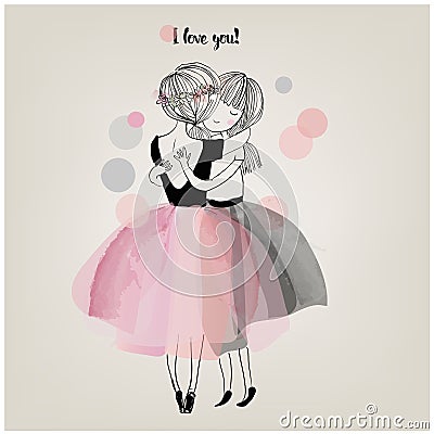 Cute girls embrace Vector Illustration