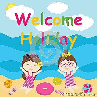 Cute girls are happy on holiday cartoon, Summer postcard, wallpaper, and greeting card Vector Illustration