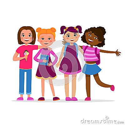 Cute girls having fun standing together vector cartoon characters isolated on white background. School Girl friendship Vector Illustration