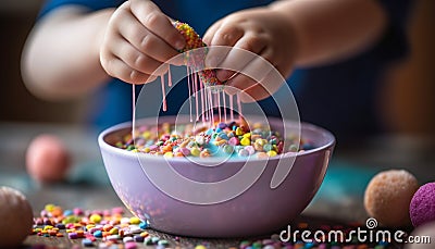 Cute girls playing with colorful homemade Halloween cookies indoors generated by AI Stock Photo