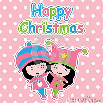 Cute girls on polka dot background cartoon, Xmas postcard, wallpaper, and greeting card Vector Illustration