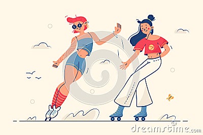 Cute girls roller skaters outdoors Vector Illustration