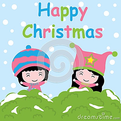Cute girls on snow background cartoon, Xmas postcard, wallpaper, and greeting card Vector Illustration