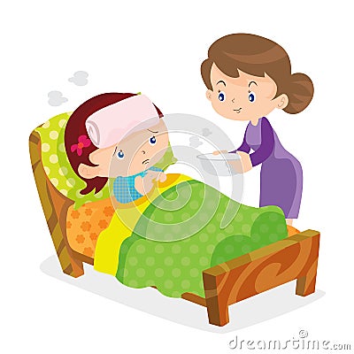 Cute girls take care of sick mother Vector Illustration