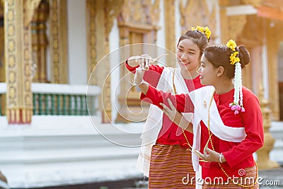 Cute girls in Thai tradition costume Stock Photo