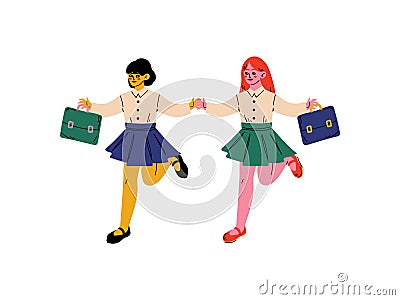 Cute Girls in Uniform Running to School, Elementary School Pupils Going to School with Bags Vector Illustration Vector Illustration