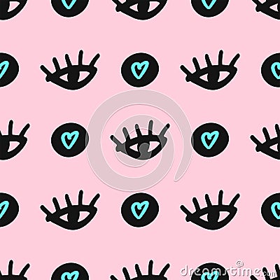 Cute girly seamless pattern drawn by hand. Repetitive print with doodle eyes and hearts. Vector Illustration
