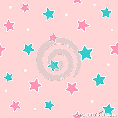 Cute girly seamless pattern with scattered stars and dots. Simple nice print. Vector Illustration