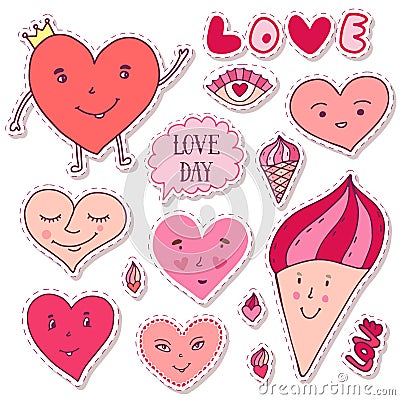 Cute girly Stickers. Cartoon doodle hearts collection. Valentines day funny art. Romantic prints and greeting cards decoration. Vector Illustration