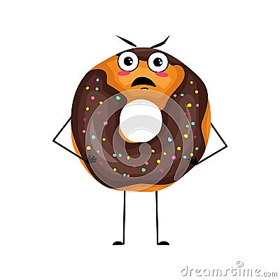 Cute glazed donut character with angry emotions, grumpy face Vector Illustration