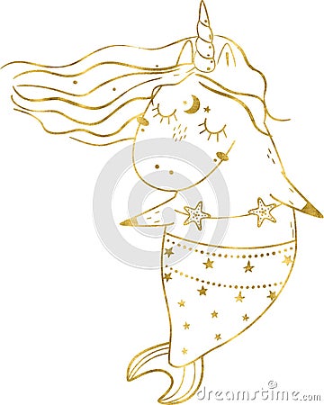 Cute glitter unicorn with mermaid tail. Stock illustration. Cartoon Illustration