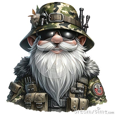 Cute Gnome Army Soldier Camouflage Clipart Illustration AI Generative Stock Photo