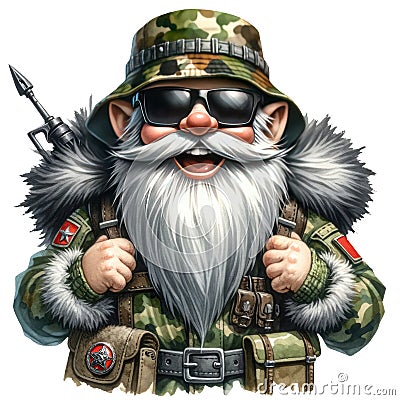 Cute Gnome Army Soldier Camouflage Clipart Illustration AI Generative Stock Photo