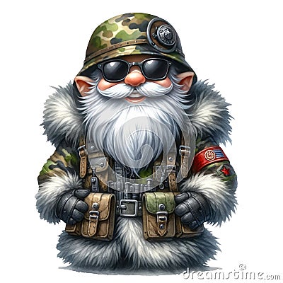 Cute Gnome Army Soldier Camouflage Clipart Illustration AI Generative Stock Photo