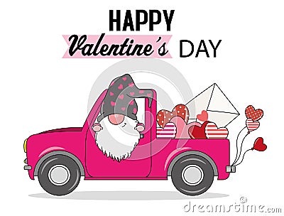 Cute gnome in car carrying hearts and love letter. Vector Illustration