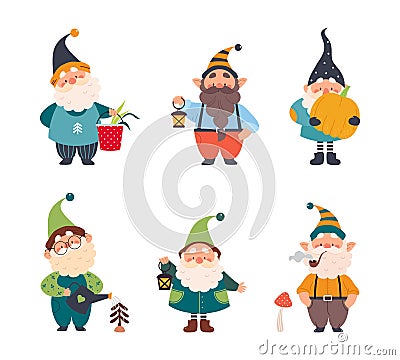 Cute Gnome Character with Beard in Pointy Hat Engaged in Different Activity Vector Set Vector Illustration