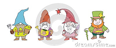 Cute gnome characters. Set of festive dwarfs for garden decoration. Funny fabulous elderly man with gray haired beard. Tale gnomes Vector Illustration