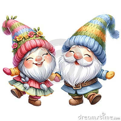 Cute Gnome Couple Dancing Clipart Illustration AI Generative Stock Photo