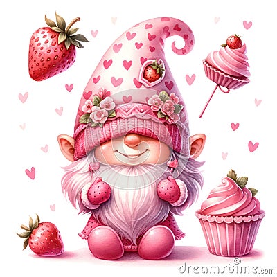Cute Gnome Cupcake Strawberry Valentine's Day Clipart Illustration AI Generative Stock Photo