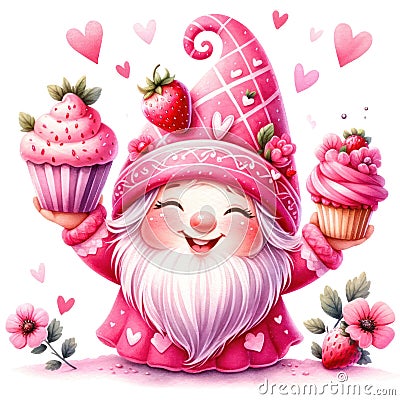 Cute Gnome Cupcake Strawberry Valentine's Day Clipart Illustration AI Generative Stock Photo