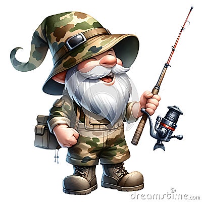 Cute Gnome Fisherman Wearing Camouflage Watercolor Clipart Illustration AI Generative Stock Photo