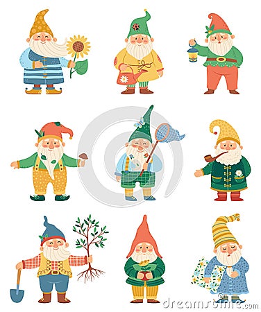 Cute gnome. Happy garden gnomes with watering can, shovel, flower. Fairytale dwarfs in hats. Flat cartoon fantasy elf Vector Illustration