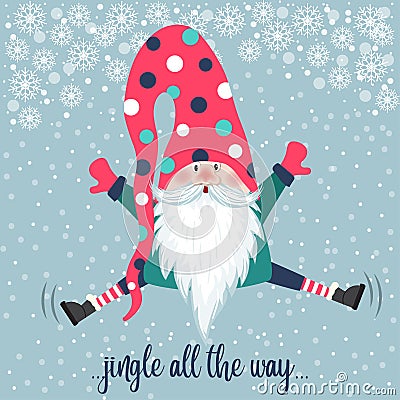 Cute gnome jump. Christmas card. Flat design Vector Illustration