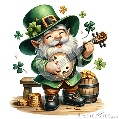 Cute Gnome Playing An Irish Fiddle Clipart Illustration AI Generative Stock Photo