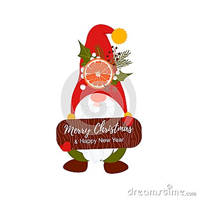 Cute gnome with red hat and wood shape with xmas Vector Illustration