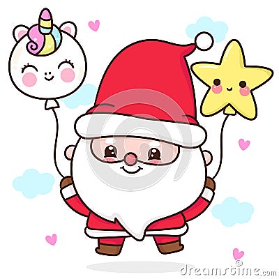 Cute Gnome Santa calus cartoon with Christmas unicorn and star balloon Vector Illustration