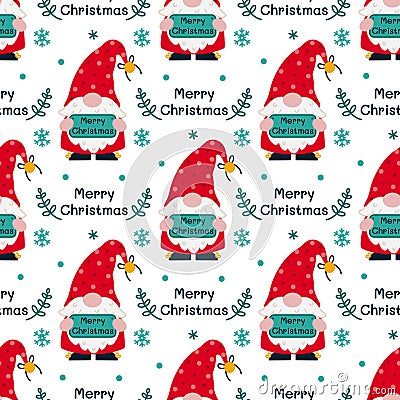 Cute gnome seamless vector pattern. A bearded elf is holding a sign with a wish for Merry Christmas. Santa Claus helper Vector Illustration