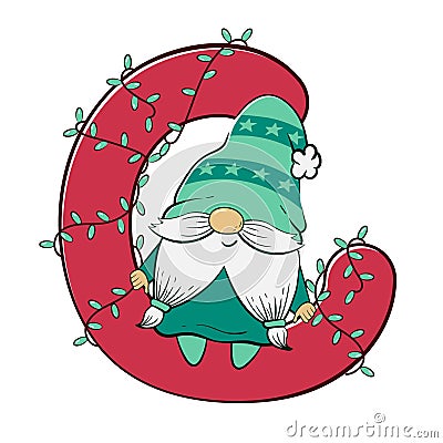 cute gnome sits on the letter c with a garland for Christmas and New Year. Vector illustration of cartoon doodle character of Vector Illustration