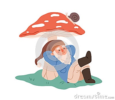 Cute gnome sleeping, lying under huge mushroom. Fairytale dwarf relaxing near fly-agaric. Childish fairy bearded Vector Illustration