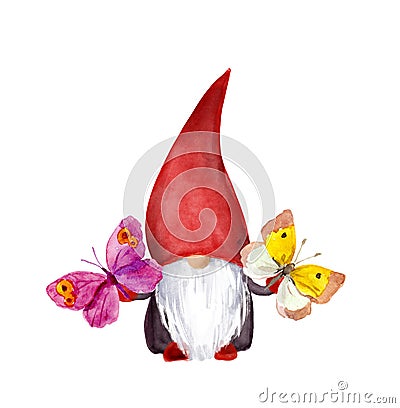 Cute gnome, summer butterfly. Hand painted watercolor image Stock Photo