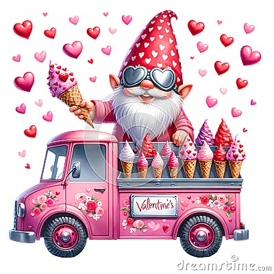 Cute Gnome Valentine Ice Cream Truck Watercolor Clipart Illustration AI Generative Stock Photo
