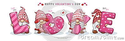 Cute Gnomes For Valentine`s Day, Funny Banner Design, And Cartoon Character Vector Illustration