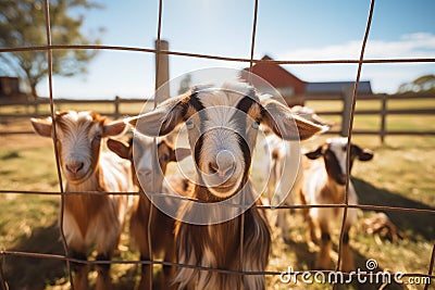 Cute goats inside of paddock at farm villa. Generate AI Stock Photo