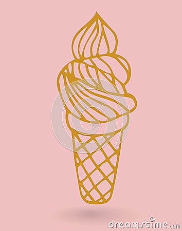 Cute gold ice cream cone isolated on pink background. Vector Illustration