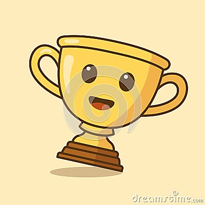Cute gold trophy cartoon character. First place champion trophy cup in flat style. Vector flat outline icon Vector Illustration