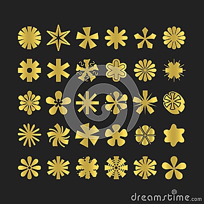 Cute golden assorted asterisks and star sign and symbol icons set design elements on black Vector Illustration