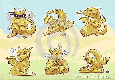 Cute golden dragon stickers set, emotions and activities Vector Illustration